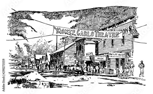 Main street , dawson city, july 1897  vintage illustration