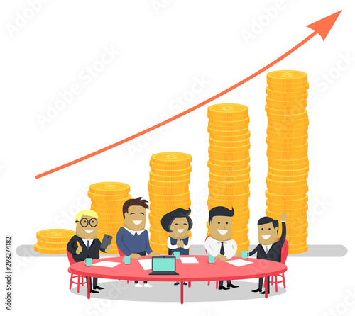 Finance analytics and stats, people on meeting of company. Business conference banking and accumulation of money, chart made of coins. Vector illustration in flat cartoon style