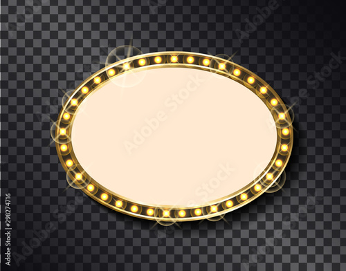 Oval border, vintage illuminated board with light bulbs, neon glitter. Vector empty sparkling frame, signboard with light bulbs isolated on transparent. Frame for tv show or Black friday sale