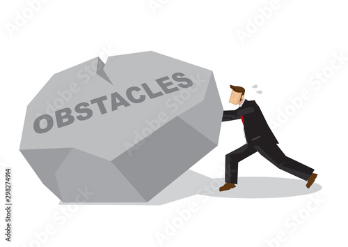Illustration of a businessman lifting a giant rock. Metaphor concept of obstacles challenge, breakthrough and business risk.