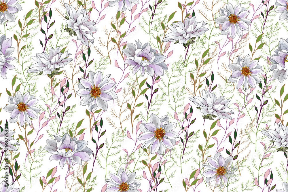 White Floral Seamless Pattern with White Flowers Dahlias and Green Branch on White Background. For Textile, Wallpapers, Print, Greeting. Vector Illustration.