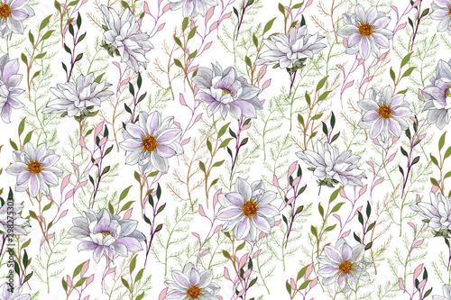 White Floral Seamless Pattern with White Flowers Dahlias and Green Branch on White Background. For Textile, Wallpapers, Print, Greeting. Vector Illustration.