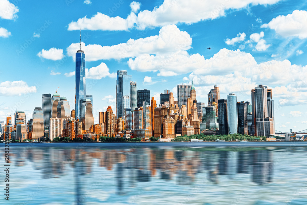 Naklejka premium View from the water, from Hudson bay to Lower Manhattan. New York.