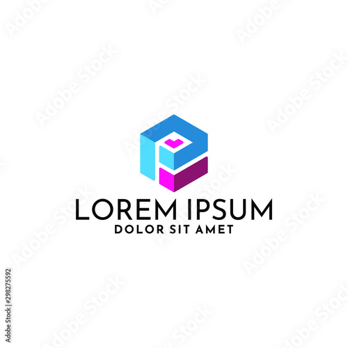 Initial letter P logo template with modern abstract cube and checkmark design illustration