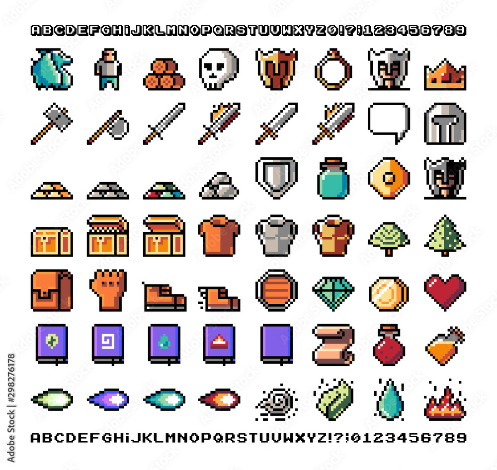 Pixel art, game item, icon and objects for the design. Vector ...