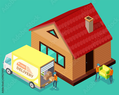Delivers holding box, isometric 3d people carrying armchair in home, exterior of house. Cargo delivery by truck, dwelling and transportation vehicle, moving vector