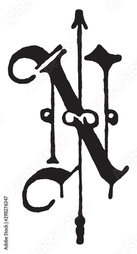 N, Old English fancy text, vintage illustration