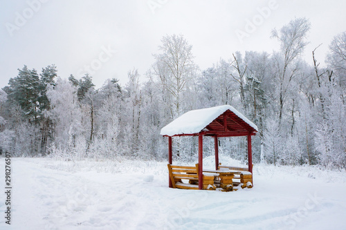 Beautiful winter landscape with gazebo in the Park in the cold at dawn. Shining cold in the winter Park. Christmas background © oksanamedvedeva
