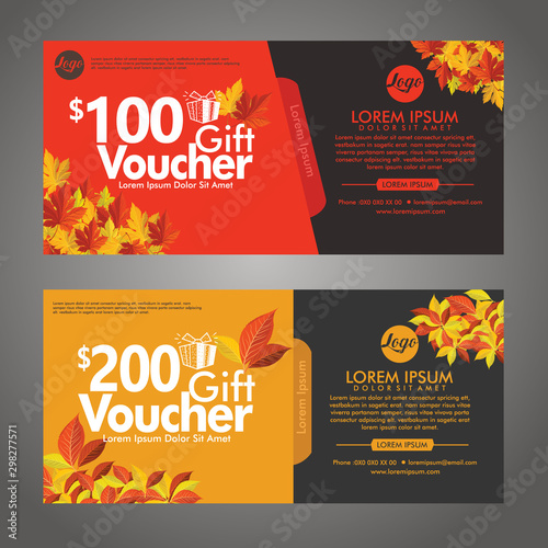 Autumn gift voucher discount cards template with colorful leaves pattern and percent numbers and place for your company logo
