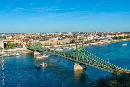 Budapest, Hungary - October 01, 2019: View of the Liberty bridge and the river Danube with Gellért Hill (Hungarian: Gellért-hegy).