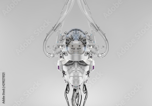 Humanoid robotic head with visible brain connected with wires and tubes, 3d render / Connected head with brain