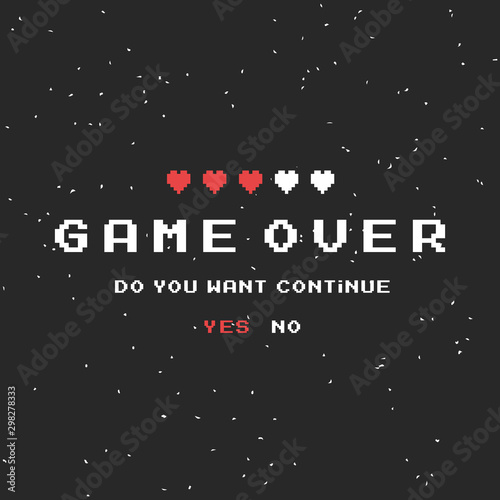 Game over vector pixel background, texture damage. Glitch error with text. Game design. Final scene.