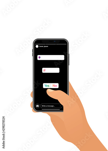 Slider emoji in social media. Interface a poll. Template a poll for stories in popular social media. Phone in male hand. Vector.