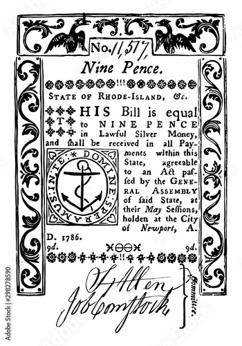 Paper Money, Nine Pence Bill, 1786 vintage illustration.