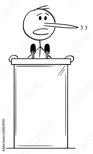 Vector cartoon stick figure drawing conceptual illustration of lying politician with long nose speaking on podium behind lectern.