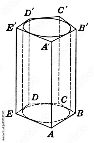 Cylinder Inscribed in Pentagonal Prism vintage illustration.