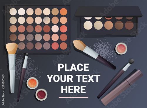 Poster template with make up eye shadow palette, tints and cosmetic brushes on grey background