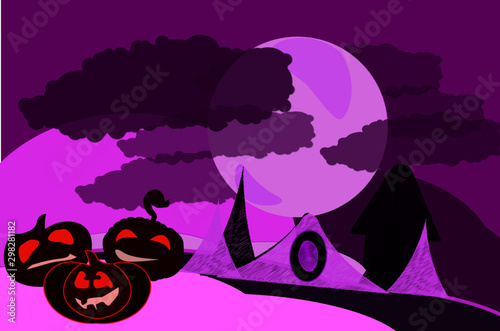 Halloween art board showing bumpkins,skies,moon and a horror house   