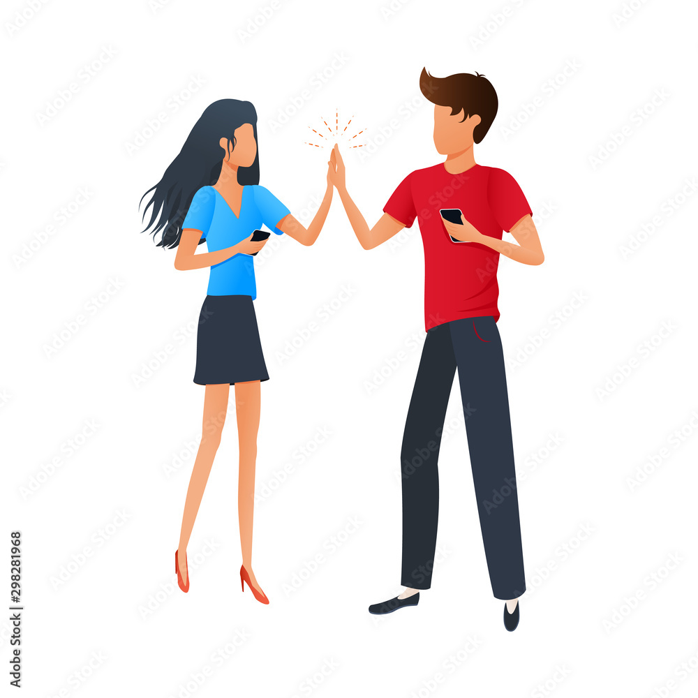Vector illustration of high five between young man and woman holding smartphones, communication via the Internet, social networking, dialogue, search friends, online dating Vector illustration of high five between young man and woman holding smartphones, communication via the Internet, social networking, dialogue, search friends, online dating