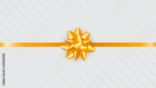 Luxury greeting card design with golden gift bow, ribbon and line pattern. Elegant vintage holiday decoration for New Year, Christmas, wedding invitation, gift card template. Place for text.