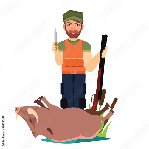 Various tools for duck hunters. Illustration of hunter and gun, equipment weapon