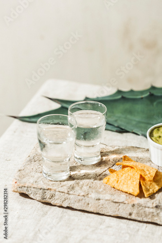 Mezcal or Mescal is a Mexican distilled alcoholic beverage made from any type of oven-cooked agave. With tortilla chips and guacamole dip. photo