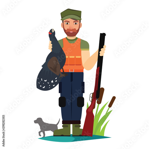 wild chicken tools for pig hunters. Illustration of hunter and gun, equipment gun