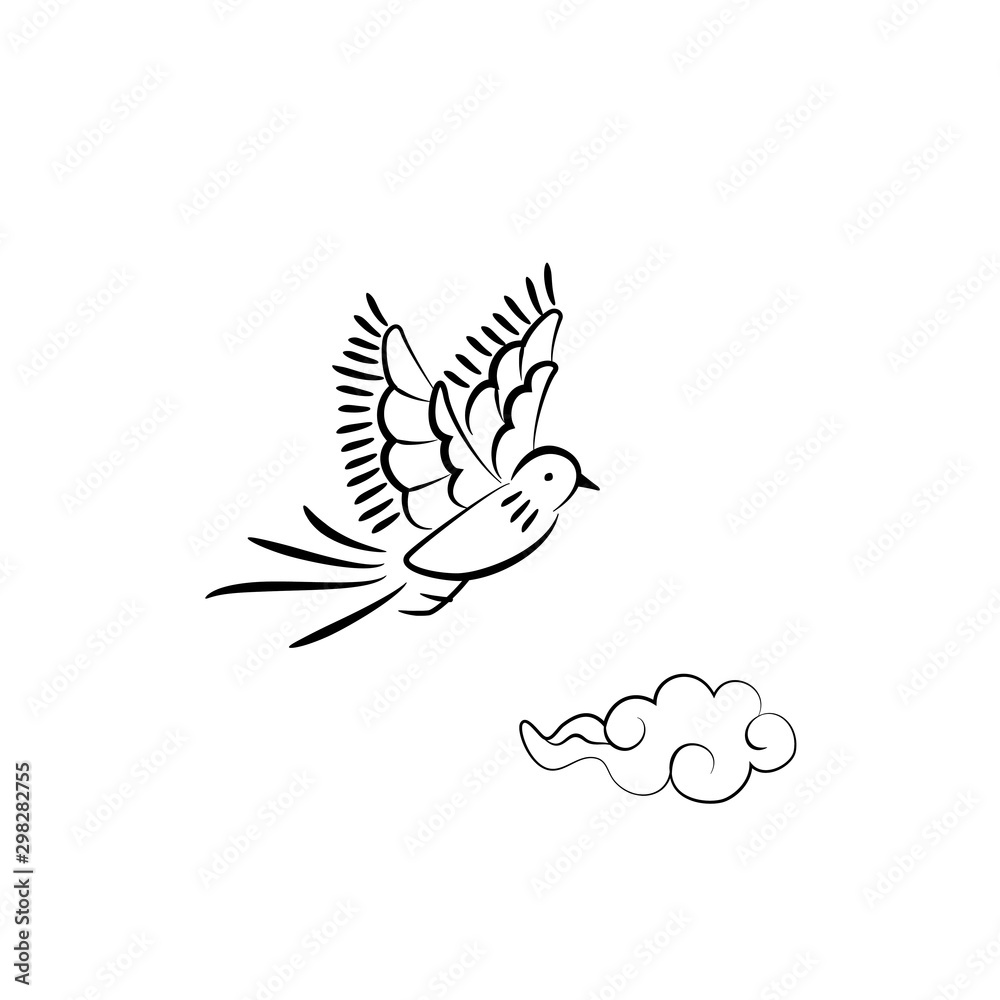 Hand drawn long tailed bird and cloud illustration Hand drawn long tailed bird and cloud illustration