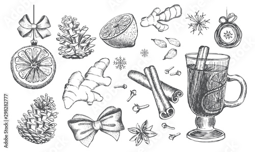 Christmas design element in doodle style. Mulled Wine Glass and Cooking Ingredients. Vector Illustration. Hand drawn.
