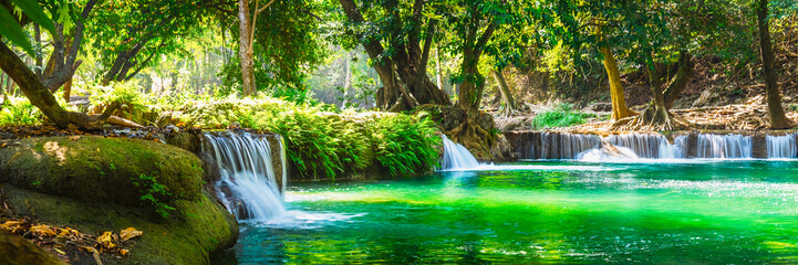 Wide panorama beautiful fresh green nature scenic landscape waterfall in deep tropical jungle rain forest, Famous landmark outdoor travel Saraburi Thailand, Spring background, Tourism destination Asia