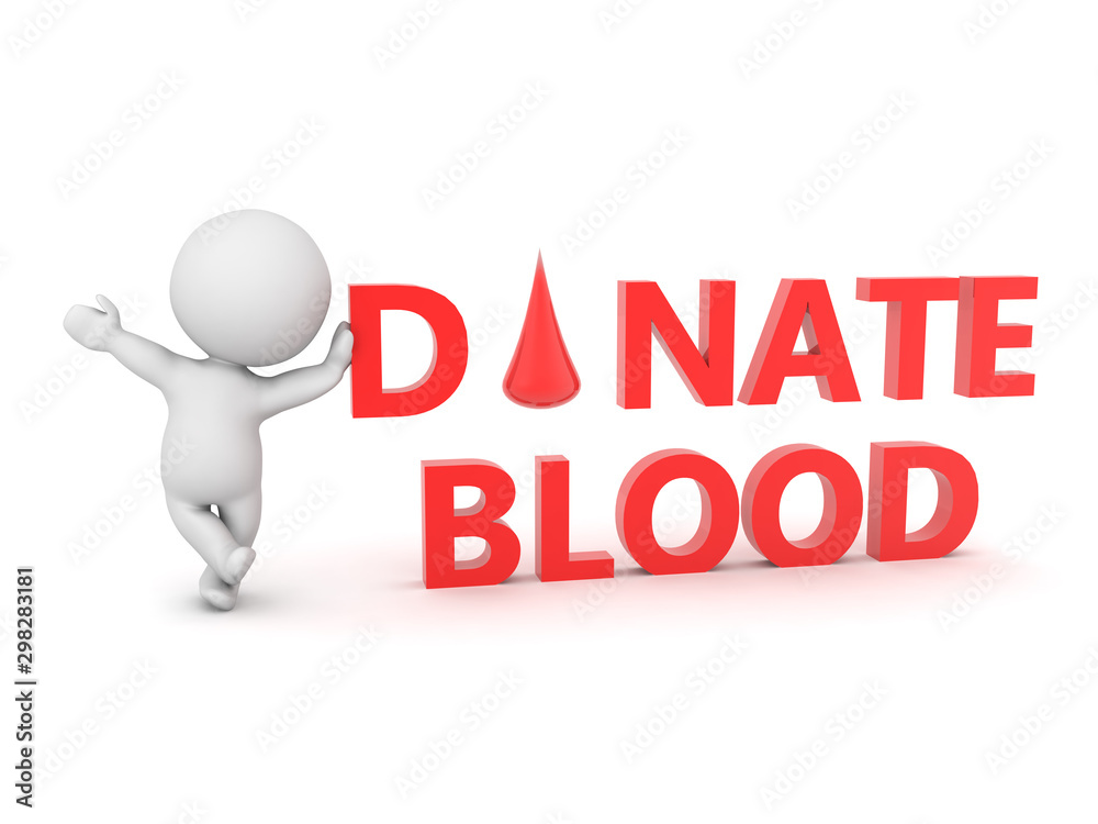 3D Character leaning on text saying donate blood 3D Character leaning on text saying donate blood