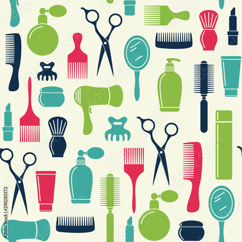 Beauty salon seamless backgound, barbershop pattern. Scissors and tools. Hairdresser icons.