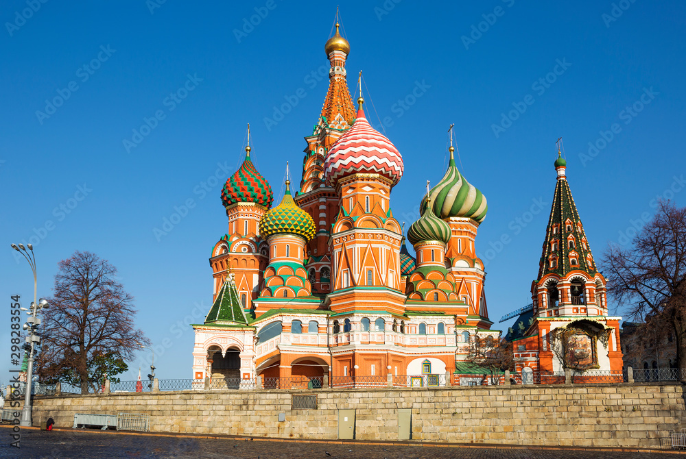 Moscow. Russia. St. Basil's Church on Red Square.  This is one of the most beautiful and ancient temples in Moscow, the most important decoration of Red Square.