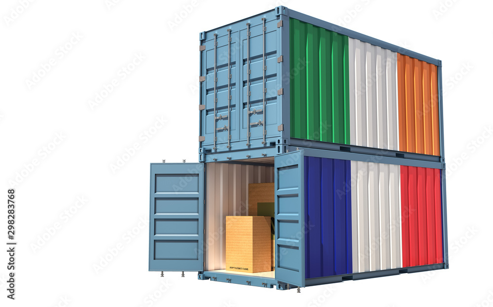 Fototapeta premium Two freight container with Ireland and France flag. Isolated on white - 3D Rendering