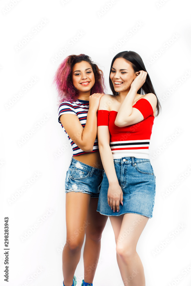 best friends teenage girls together having fun, posing emotional, two diverse nations students: african american and asian best friends teenage girls together having fun, posing emotional, two diverse nations students: african american and asian