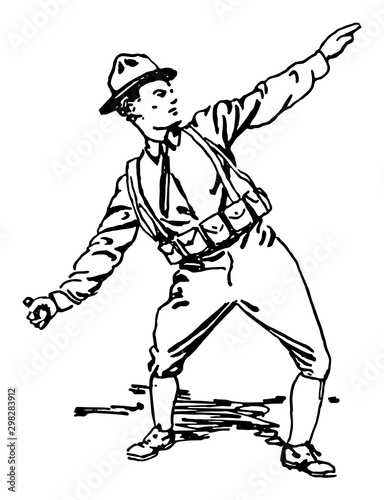 Soldier Throwing Grenade, vintage illustration.