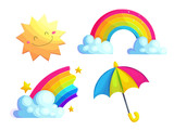 Rainbows, sun and umbrella cartoon vector stickers set