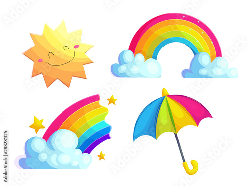 Rainbows, sun and umbrella cartoon vector stickers set