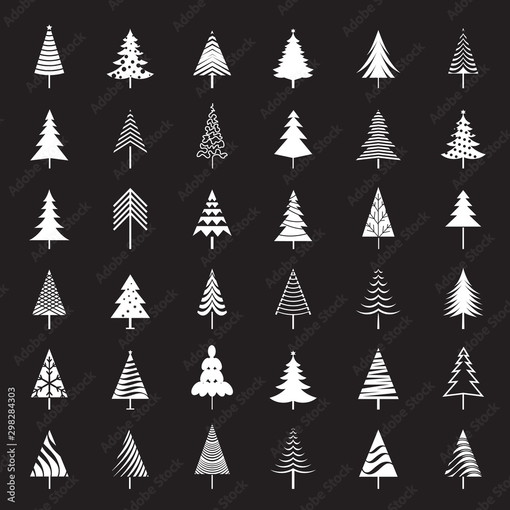 Set of white Christmas Trees on black background. Winter season design elements. Isolated vector xmas Icons.