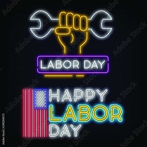 Happy Labour Day Neon Signs Style Text Vector