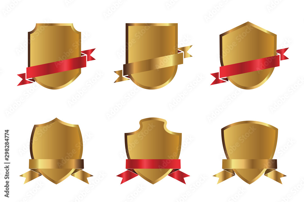 Set of golden shields and red ribbons. Vector Illustration. Set of golden shields and red ribbons. Vector Illustration.