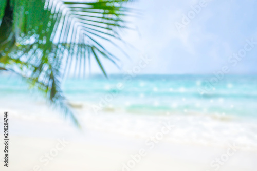 Fototapeta Naklejka Na Ścianę i Meble -  Beautiful view of  blue sea and white beach with coconut leaves.Blur image.