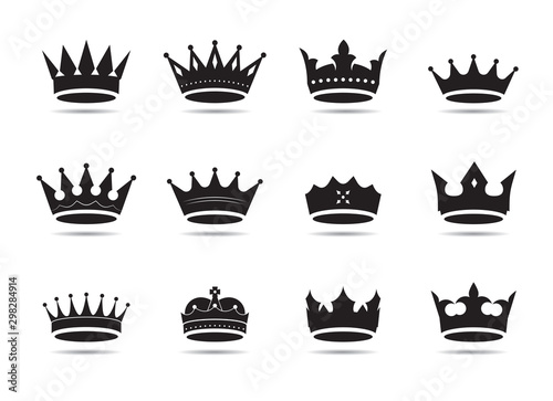 Set of black vector king crowns and icon. Vector Illustration.