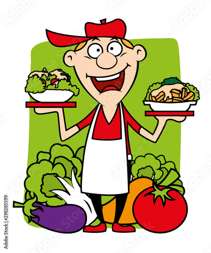 Cartoon farmer shopkeeper selling fresh vegetables in village market. Vector illustration