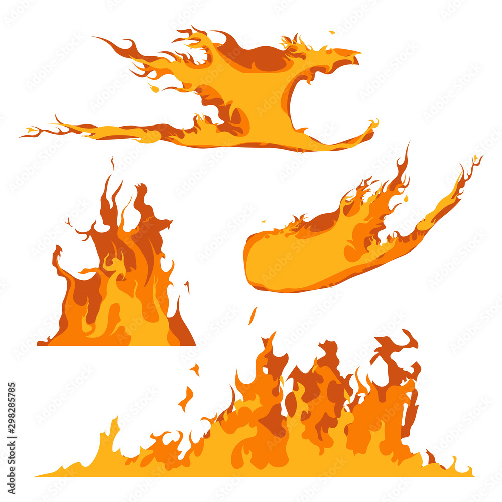 Cartoon Fire Flames Set and Line Light Effect for Web, Game Design