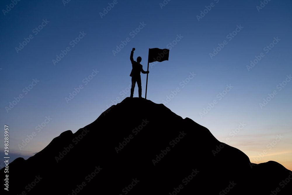 Silhouette of businessman celebrating success on top mountain, sky and sun light background.
