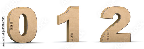 Cardboard texture numbers 0, 1, 2. 3D render. Paperboard alphabet. Font box photo