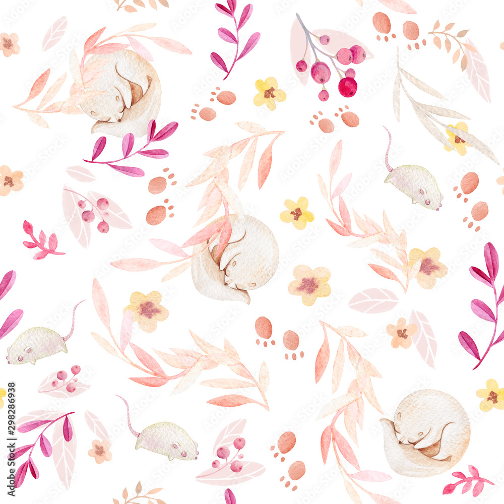 Seamless cute watercolor pattern. Forest animals, flowers, leaves. White tones. Ideal for children