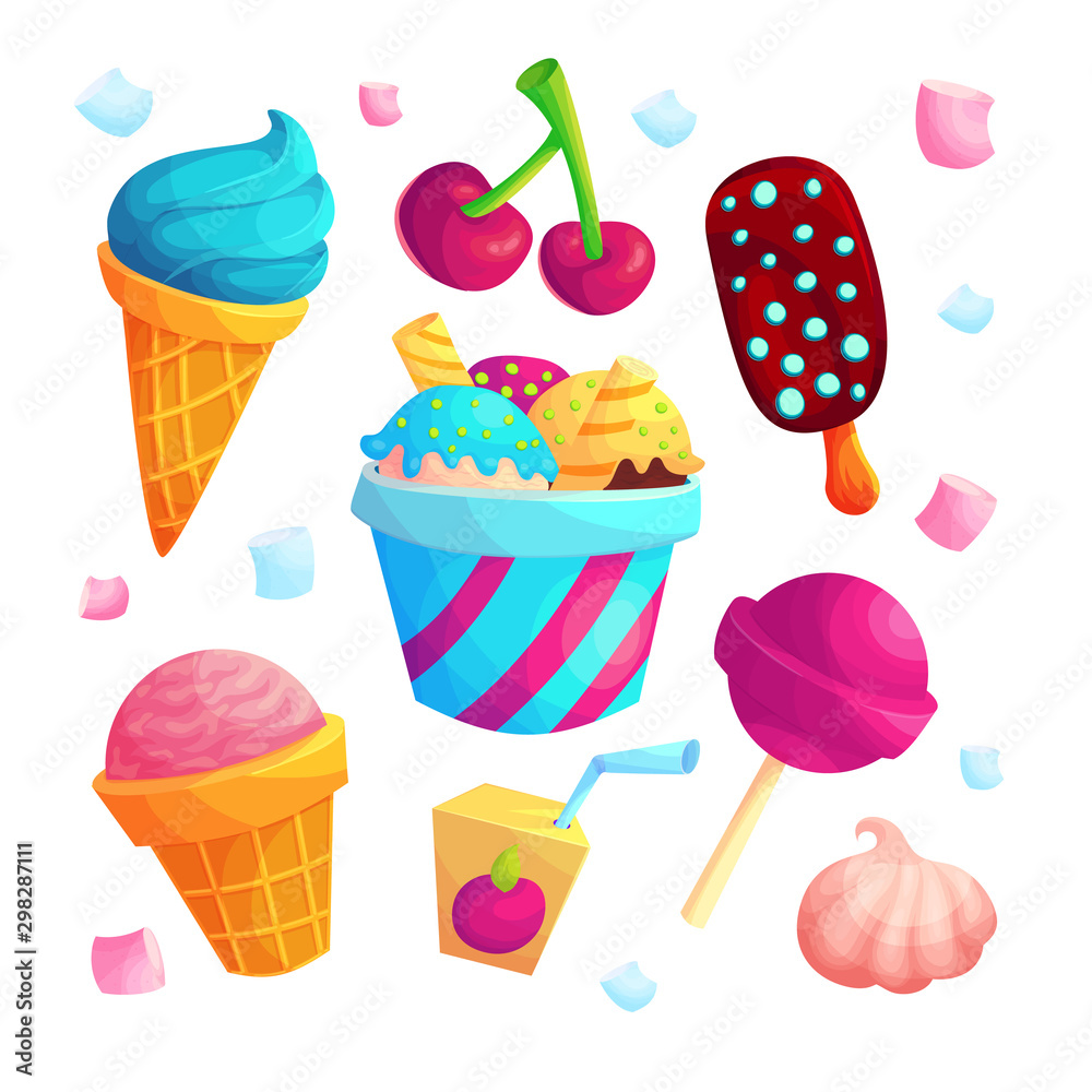 Delicious sweets cartoon vector stickers set