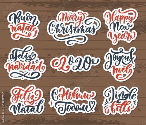Christmas lettering label on wood background Vector.